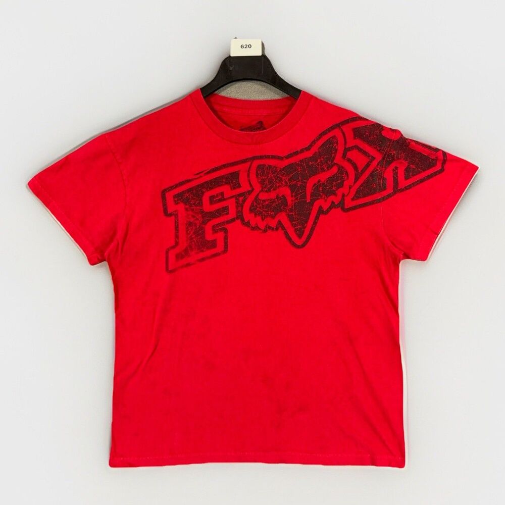 Fox Racing T-Shirt Mens Large Red Graphic Spellout Fox Head Distressed Crew Neck